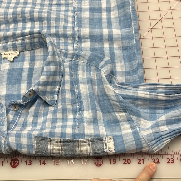 HEM & THREAD Boho Cottage Gauze 2 Pocket Buffalo/Plaid Blue/WHT Fringe Top S/M - Picture 15 of 16